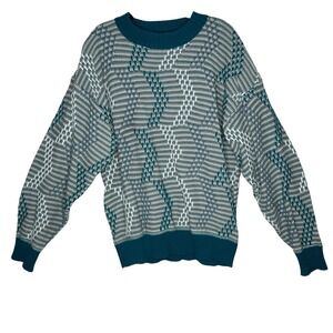 VTG New Castle Men's L Teal Gray White Geometric Knit Sweater Grandpacore